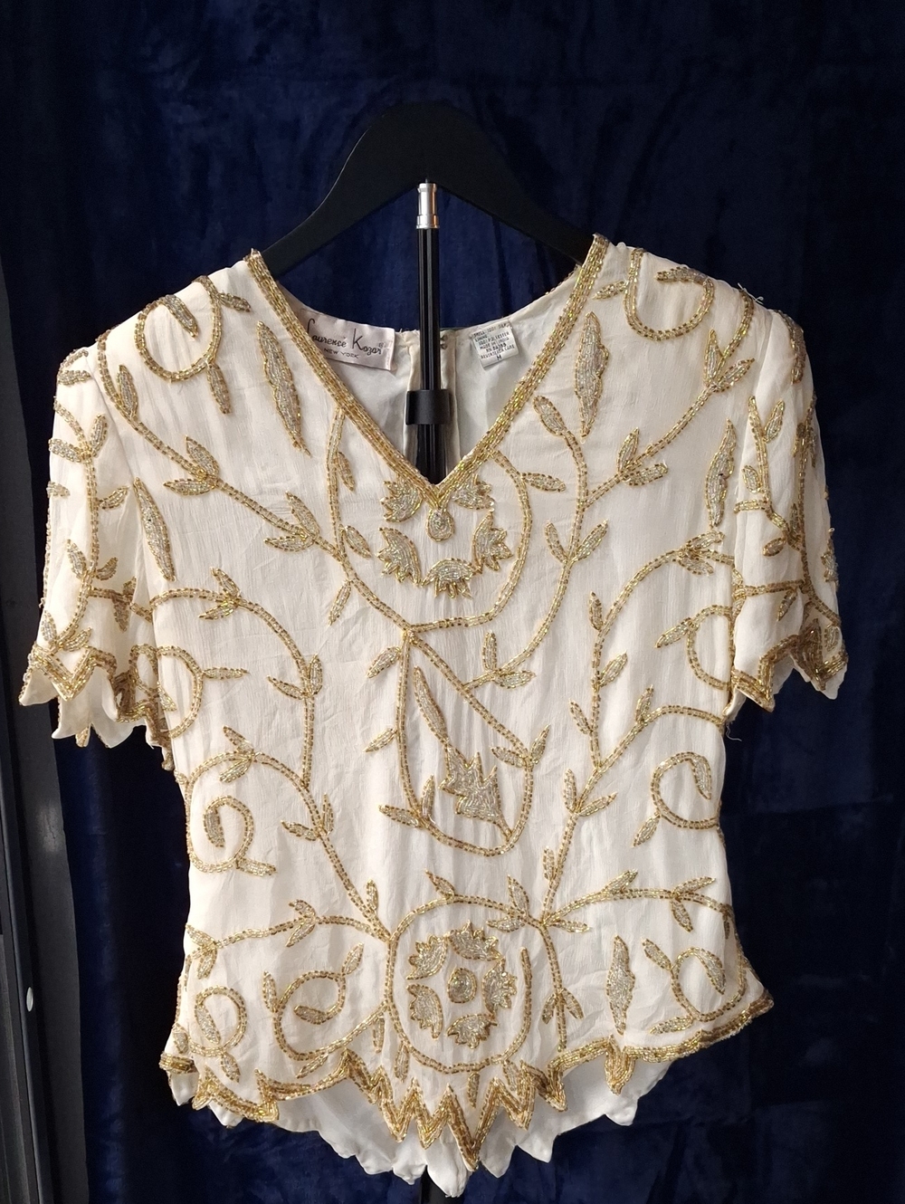 Laurence Kazar White Top with Gold Bead Embroidery
